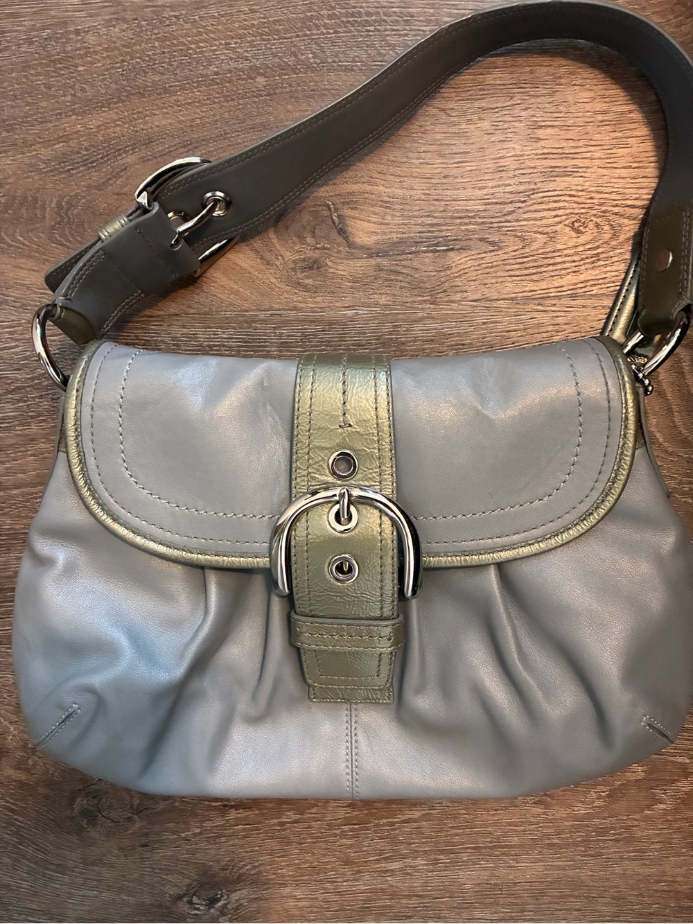 Coach Gray Shoulder Bag with Olive Trim